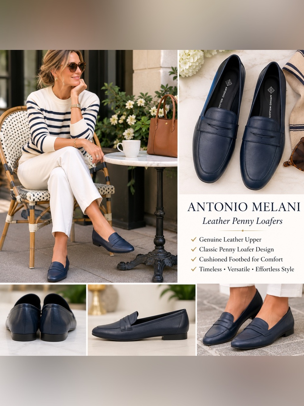 ANTONIO MELANI Women’s Leather Navy Leather Penny Loafers 8.5 NEW